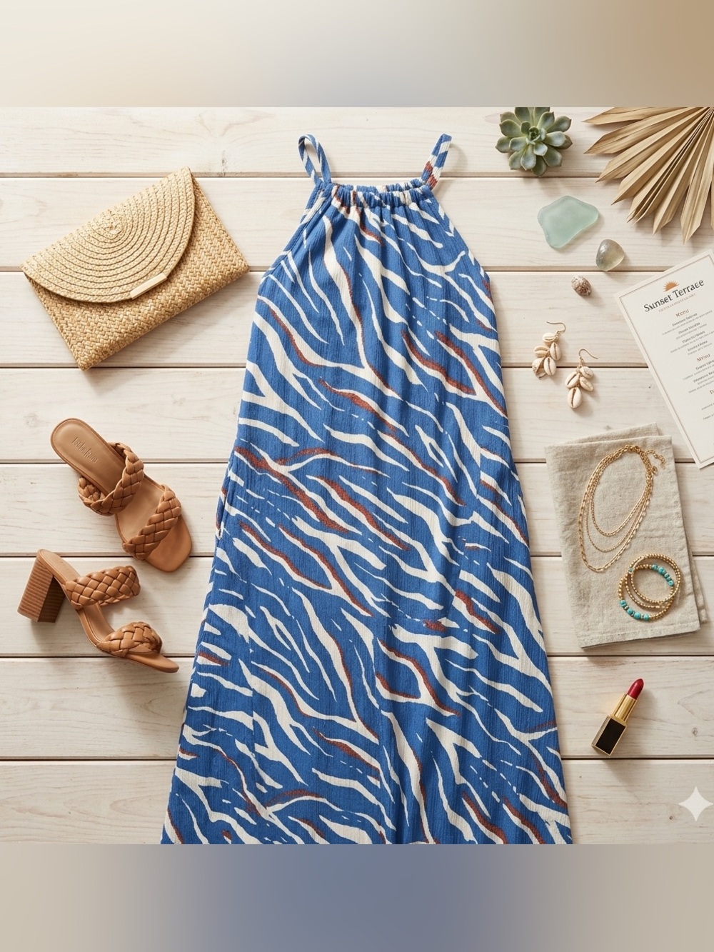 LuLaRoe Sandy Halter Tie Neck Maxi Dress Blue Animal Print SZ S NWT